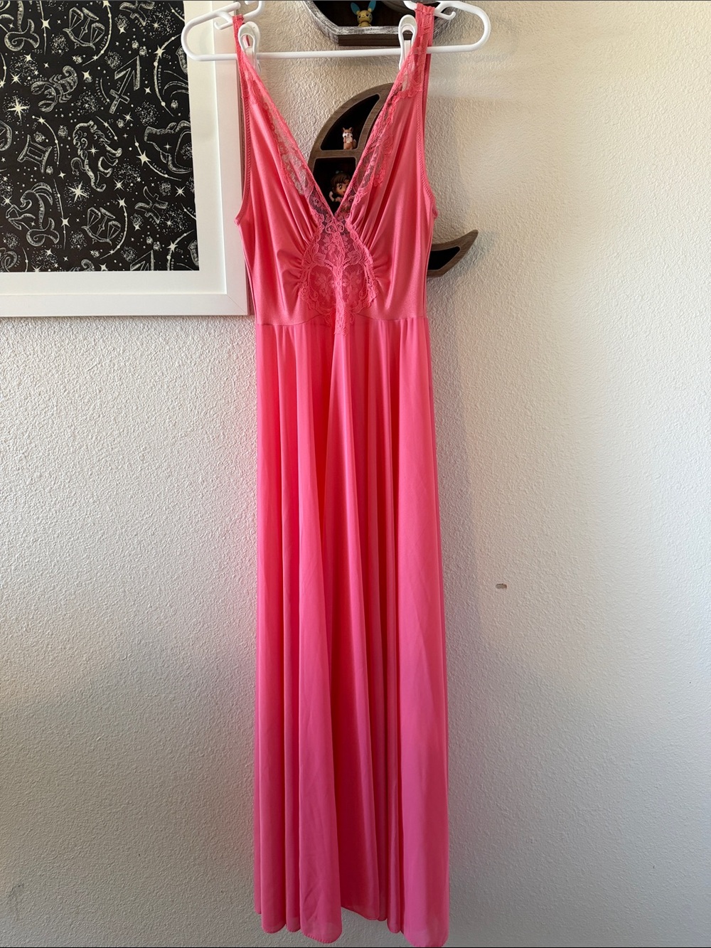 Olga Vintage Pink Lace Bodice Negligee Maxi Slip Night Dress Size M
